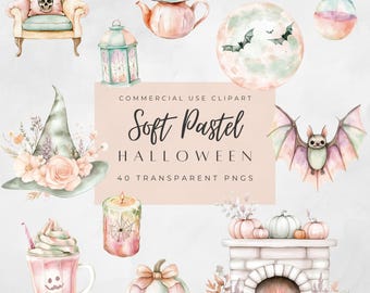 Clipart de Halloween en acuarela pastel suave, lindo PNG de Halloween pastel, clip art rosa, fantasmas, murciélagos, brujas, feliz Halloween PNG, espeluznante y lindo
