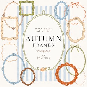 Op de afbeelding: Een collectie aquarelframes in diverse vormen en kleuren, waaronder groen, blauw, oranje en bruin. De centrale tekst luidt watercolor collection AUTUMN FRAMES 50 PNG files, met een kleine illustratie van een pompoen onderaan in het midden.