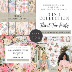 Puede incluir: Paquete de imágenes prediseñadas digitales con patrones florales, bordes y elementos para uso comercial. La colección incluye patrones sin costuras, diseños florales e ilustraciones para un tema de fiesta de té en el jardín. El texto dice "Floral Grandmillenial" y "Floral Tea Party".
