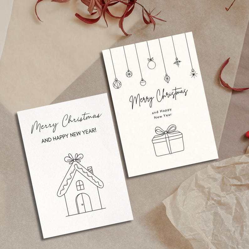 K&ouml;nnte beinhalten: Zwei druckbare Weihnachtskarten mit schwarzen Linienzeichnungen. Eine Karte zeigt ein Lebkuchenhaus mit dem Text "Frohe Weihnachten und ein gutes neues Jahr!" Die andere Karte zeigt eine Geschenkbox mit Schleife und dem Text "Frohe Weihnachten und ein gutes neues Jahr".