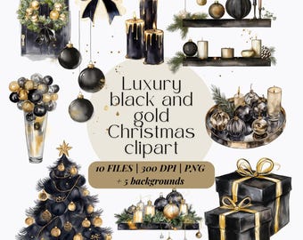 Elegantes Weihnachten Schwarz und Gold Clipart Bundle | Luxus Gold Weihnachten PNG Bündel | Zauberhafte Winter Designs | Schicker Dark & Gold Weihnachtsbaum