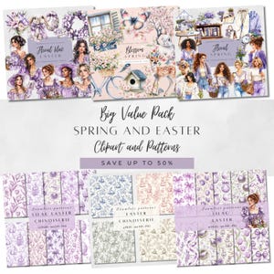 May include: A digital clipart and pattern set featuring illustrations of spring and Easter themes. The set includes floral designs, bunnies, birds, and other springtime elements. The text "Big Value Pack Spring and Easter Clipart and Patterns Save Up To 50%" is displayed on the image.