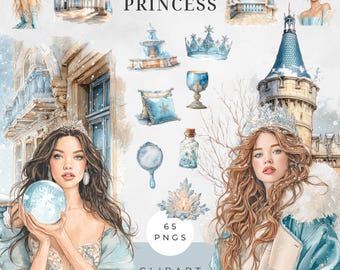 Watercolor Ice Princess Clipart Bundle, Ice Blue Winter Fairytale Girls, Royal Fantasy PNG, Digital Download