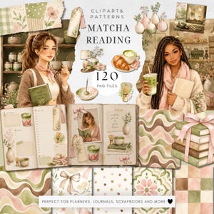 Puede incluir: Una colección digital de 120 archivos PNG titulada Matcha Reading, que presenta ilustraciones de personas con libros y bebidas matcha, papeles estampados con líneas onduladas, lunares, azulejos florales, cuadros y varios elementos de papelería.