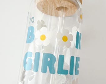 Book Lover Glass Cup: 16oz Iced Coffee Tumbler with Bamboo Lid & Straw