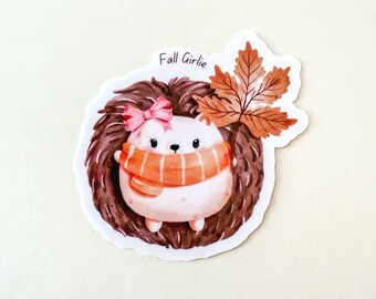 Fall Girlie Hedgehog Sticker - Autumn Leaves, Scarf, Glossy and Waterproof