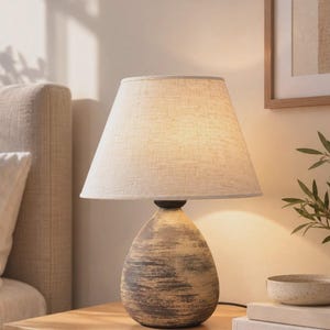 Handmade Ceramic Table Lamp, Sienna Brown, Fabric Shade, E27 Socket