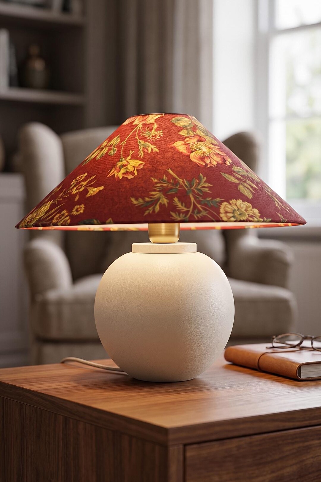 Handmade Ceramic Table Lamp, Cream Ball Base, Burgundy Floral Shade ...