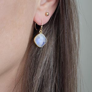 Moonstone Earrings, 14k Gold Fill Dangling Gemstone Earrings, White Earrings, Handmade Rainbow Blue Moonstone Jewelry, Gift for Women