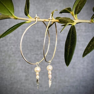 Silver Pearl Hoops, Freshwater Pearl Earrings, Dangling Real Pearls, Argentium Silver, Unique Pearl Jewelry, Lightweight Earrings