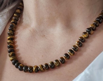 Tigers Eye Bead Necklace, 14k Gold Filled Clasp, Handmade With Natural Gemstones