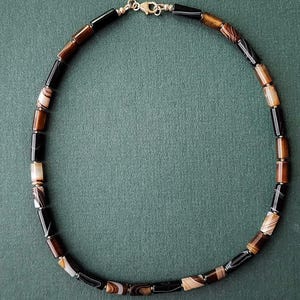 14k Gold Agate Necklace, Handmade With Tibetan & Tuxedo Agate Beads, Layerying Necklace in Earthy Tones, Agate Jewelry For Men or Women