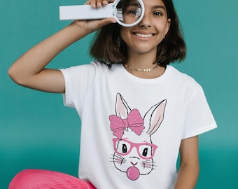 Cute Bunny Rabbit with Ribbon Shirt, Bunny with Glasses, Easter Day Sweatshirt, Easter Bunny Tee, Easter Shirts for Women, Bubble Gum Bunny