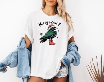 Merry F-Caw-F Crow Shirt, Black Bird Shirt, Christmas Raven Shirt, Raven Lover Gift, Christmas Crow Moonlit Raven Shirt, Christmas Shirt
