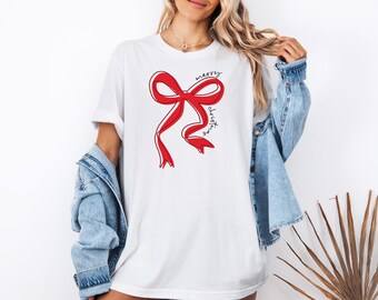 Merry Christmas Bow Shirt, Coquette Christmas Bow Tee, Women's Holiday Shirt, Holiday Party Tee, Cute Christmas Shirt