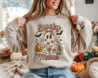 Retro Spooky Mama Halloween Shirt, Cute Ghost Fall Sweater, Pumpkin and Flowers Autumn Pullover