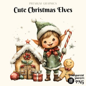 Clipart di elfi di Natale ad acquerello, PNG Elfi di Natale carini con regali, Illustrazione di elfi delle feste, Clipart di Natale festivo, 18 usi commerciali