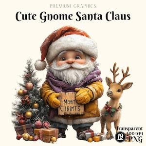 Cute Gnome Santa Claus Clipart Bundle,Gnome de Natal PNG,Arte Digital de Férias,Ilustração Vintage de Papai Noel,Download Transparente de 300 DPI