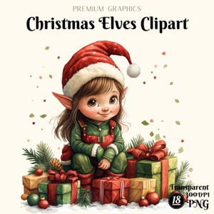 18 imágenes prediseñadas de elfo navideño en acuarela, ilustración de elfo navideño, imágenes prediseñadas de acuarela de elfo navideño, PNG lindos y de alta resolución