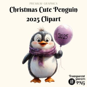 Clipart de Natal, Clipart de Pinguim de Natal em Aquarela, 20 PNG Pinguins de Ano Novo, Pinguins Festivos de 2025, Pinguins de Férias, Artesanato de Natal