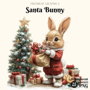 Santa Hase Weihnachten Clipart | Süßer Feiertagshase mit Geschenken & Weihnachtsbaum | Festliche Tier Clipart | Weihnachtskaninchen PNG 25 Art300 DPI