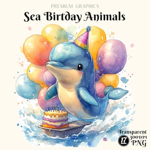 Clipart zee verjaardag dieren | Schattige dolfijn, zeester en vrienden met ballonnen en taart, png voor kinderfeestdecor, knutseluitnodigingen