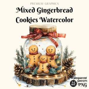 Biscoitos de gengibre clipart, clipart de gengibre aquarela, clipart de biscoito de Natal, clipart de guloseimas festivas de fim de ano, clipart de pote de biscoitos
