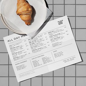 Plantilla de menú de cafetería moderna y moderna, tamaño A4, Canva, descargable, 2 páginas, plantilla editable moderna para negocios de cafetería.