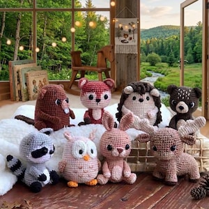 Paquete de patrones de crochet 8 en 1: adorable colección de madera para bebés: alce, castor, conejo, búho, mapache, puercoespín, zorro y oso. PDF en inglés.