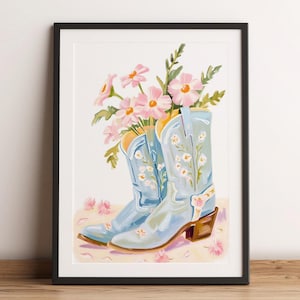 Floral Blue Cowboy Boots Print, Western Digital Download Wall Art, Cowgirl Room Home Decor, Vintage Wild West Southern Poster Printable