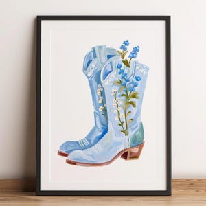 Flowers Blue Cowboy Boots Print, Western Digital Download Wall Art, Cowgirl Room Home Decor, Vintage Wild West Southern Poster Printable