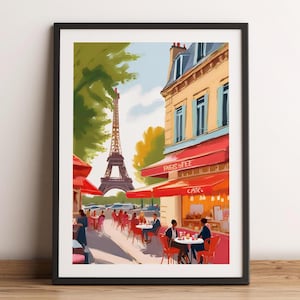 Paris Cafe Eiffel Tower Painting Wall Art, Parisian Watercolor France Travel Poster, City Landmark Digital Download, Landscape Home Decor