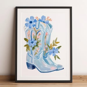 Blue Cowboy Boots Flowers Print, Western Digital Download Wall Art, Cowgirl Room Home Decor, Vintage Wild West Southern Poster Printable