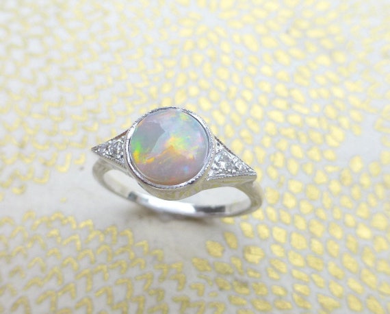 Opal engagement ring. Round opal ring with diamond ring. | Etsy