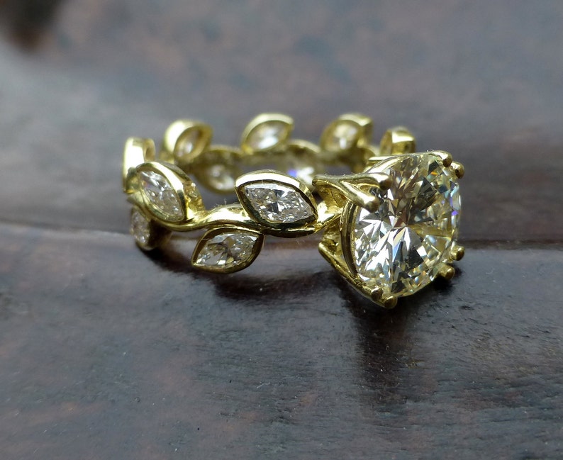 Leaf engagement ring design. White sapphire engagement ring. 14k yellow gold leaf ring. Marquis shaped white sapphires. image 3