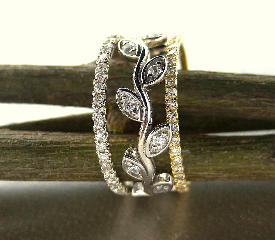 Diamond and Leaf Engagement Ring Set . Anniversary Ring Set. Etsy