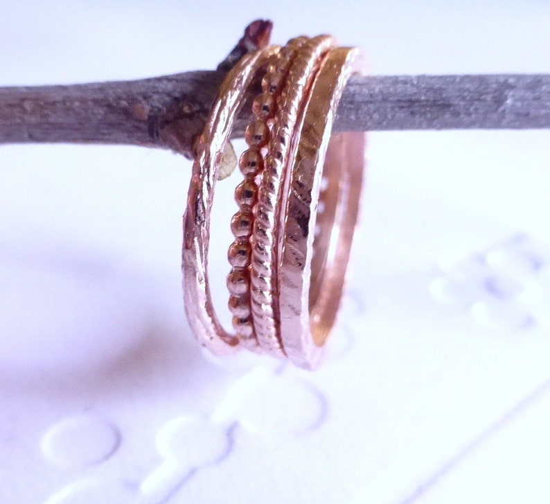 14k gold stacking ring set. Also available individually. Rose gold wedding bands. 14k pink gold textured bands. image 4