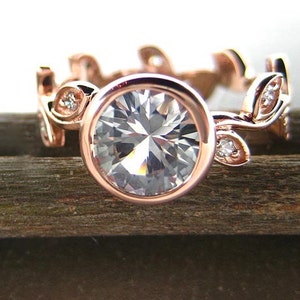 14k rose gold Engagement ring with leaves and diamonds. Unique leaf engagement ring. White sapphire leaf engagement ring. Vine ring. image 2
