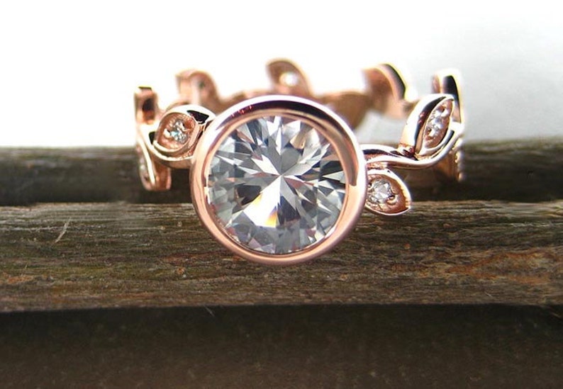 14k rose gold Engagement ring with leaves and diamonds. Unique leaf engagement ring. White sapphire leaf engagement ring. Vine ring. image 2