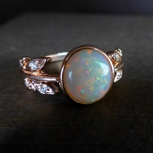 Leaf opal ring. 14k pink gold opal ring.  Diamond Opal engagement ring.