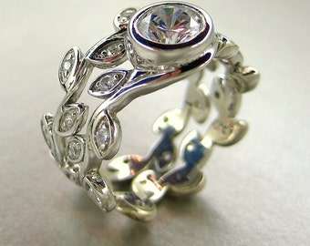Platinum Engagement leaf ring set.  Leaf Wedding set. Vine platinum ring set. Anniversary leaf ring set. White sapphire leaf ring set.
