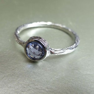 Rose cut blue sapphire engagement ring. Textured blue sapphire ring. 14k white gold rose cut ring. image 1