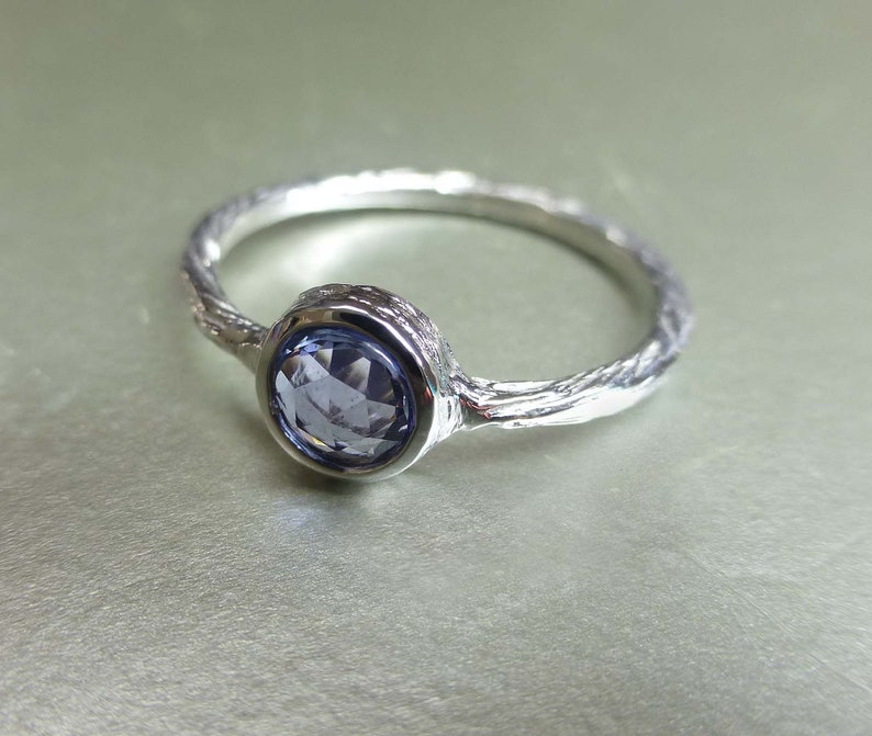 Rose cut blue sapphire engagement ring. Textured blue sapphire ring. 14k white gold rose cut ring. image 1