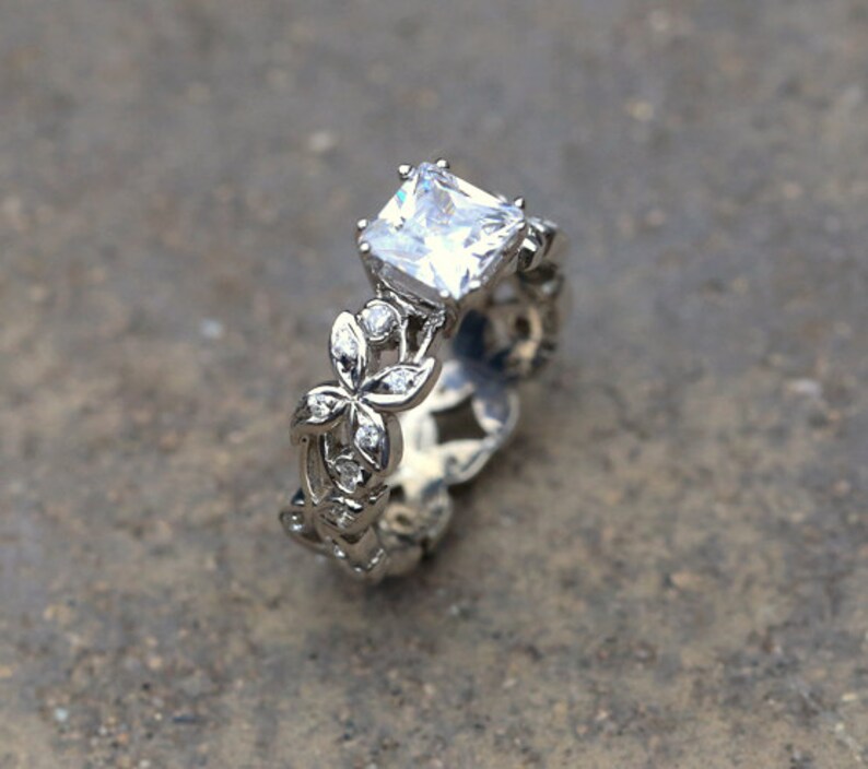 Leaf Floral Engagement Ring. Princess Cut Moissanite Ring. 14k Etsy