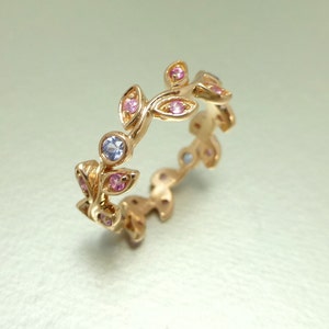 Pink sapphire leaf engagement ring.  Wedding ring with leaves. Blue sapphire leaf ring. 14k pink gold vine ring. Vine Wedding band.