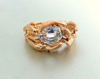 Modern Engagement ring. Unique engagement ring. 14k rose gold water ring. Oval white sapphire ring.