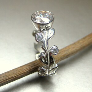 14k white gold floral leaves and vine ring. White sapphire leaf engagement ring. Leaf anniversary ring. Vine diamond ring.