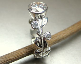 Anillo de oro blanco de 14k con hojas y enredadera. Anillo de compromiso con hojas de zafiro blanco. Anillo de aniversario con hojas. Anillo de diamantes con enredadera.