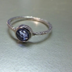 Rose cut blue sapphire engagement ring. Textured blue sapphire ring. 14k white gold rose cut ring. image 2