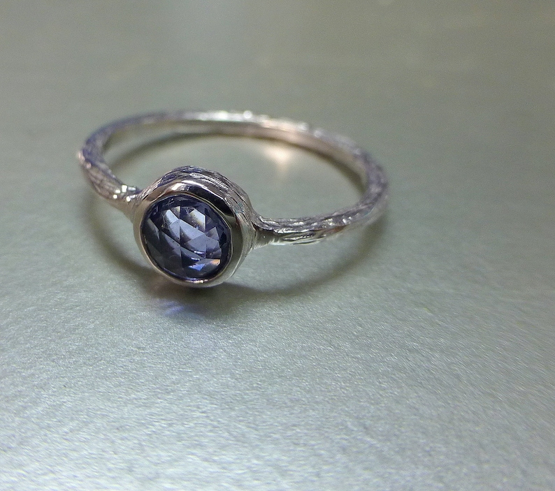 Rose cut blue sapphire engagement ring. Textured blue sapphire ring. 14k white gold rose cut ring. image 2